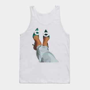 Emerald green stain shoes with a diamanté's brooch worn with boyfriend jeans Tank Top